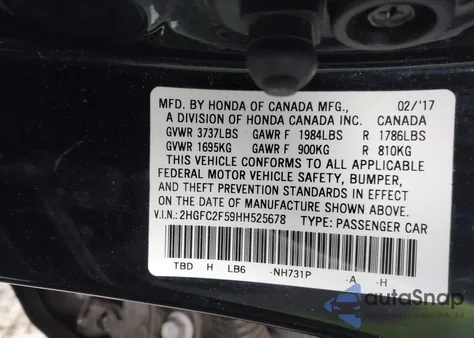 2017 Honda Civic Lx from USA, damaged, VIN 2HGFC2F59HH525678